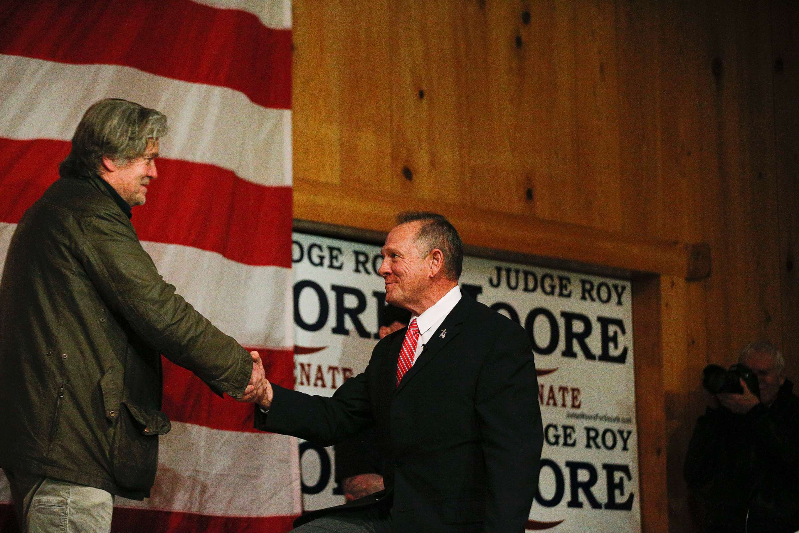 PHOTO: Steve Bannon, left, introduces U.S. senatorial candidate Roy Moore, right, during a campaign rally, Tuesday, Dec. 5, 2017, in Fairhope, Ala.