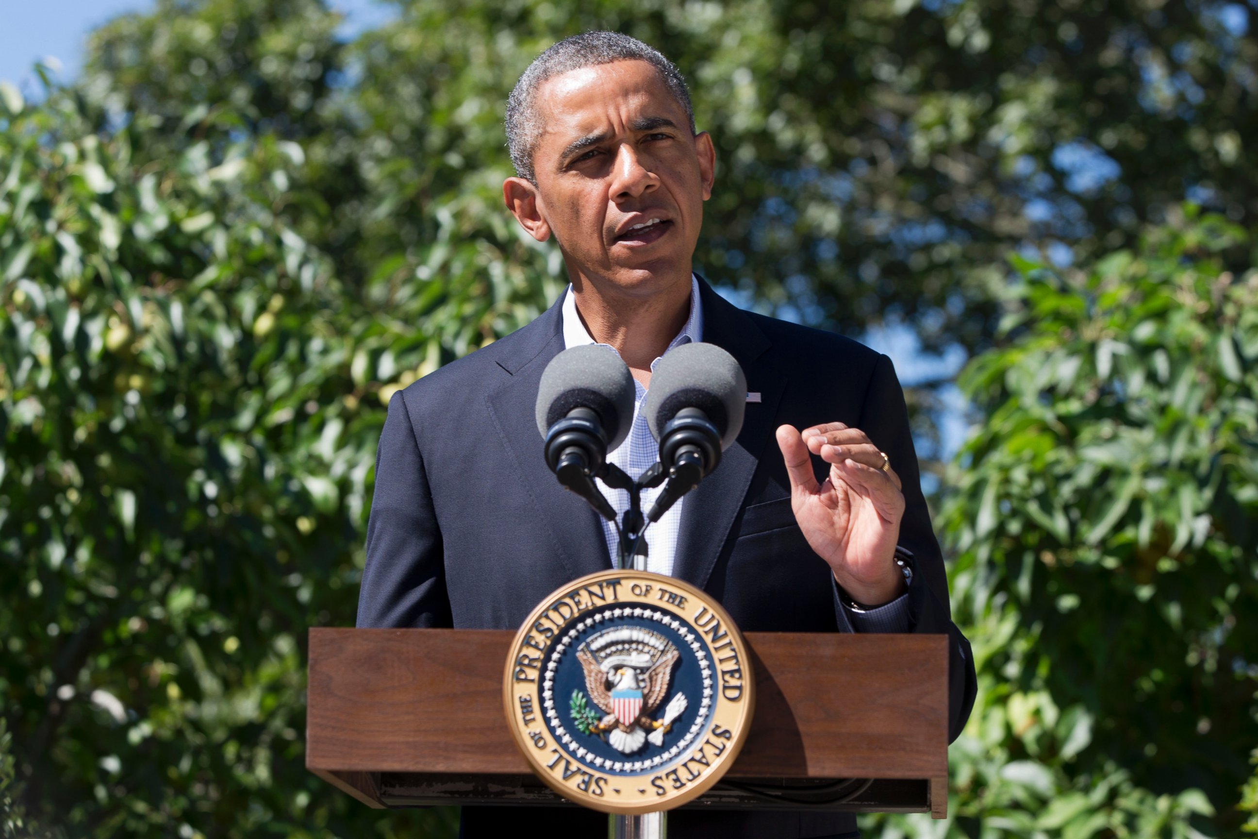 PHOTO: President Barack Obama makes a statement to the media regarding events in Egypt, from his rental vacation home in Chilmark Mass., on the island of Martha's Vineyard, Aug. 15, 2013.