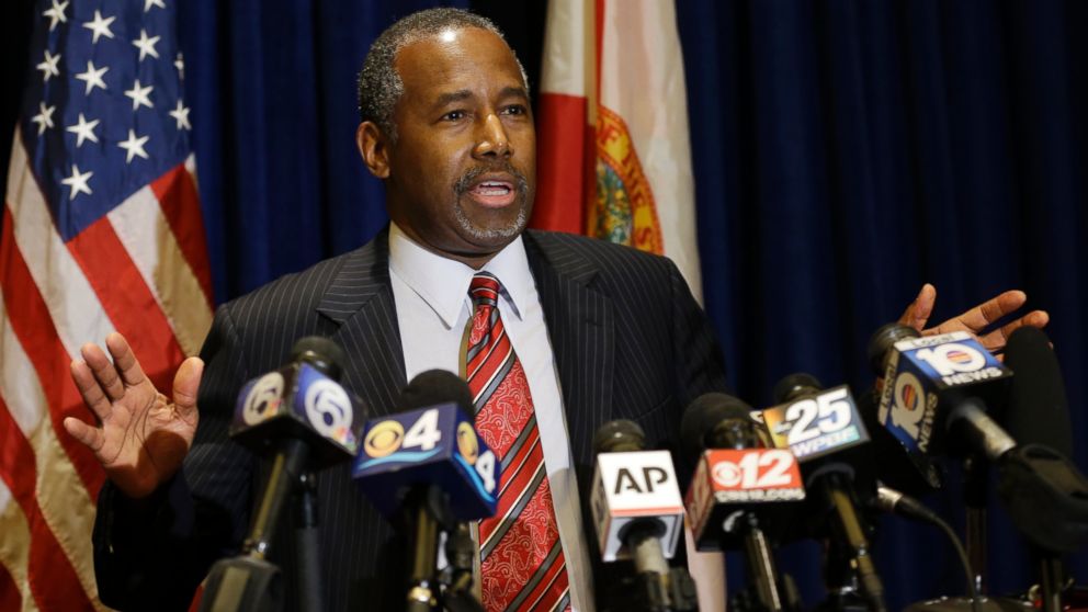 Republican presidential candidate Ben Carson speaks during a news conference before attending a Black Republican Caucus of South Florida event benefiting the group's scholarship fund om Nov. 6, 2015, in Palm Beach Gardens, Fla.