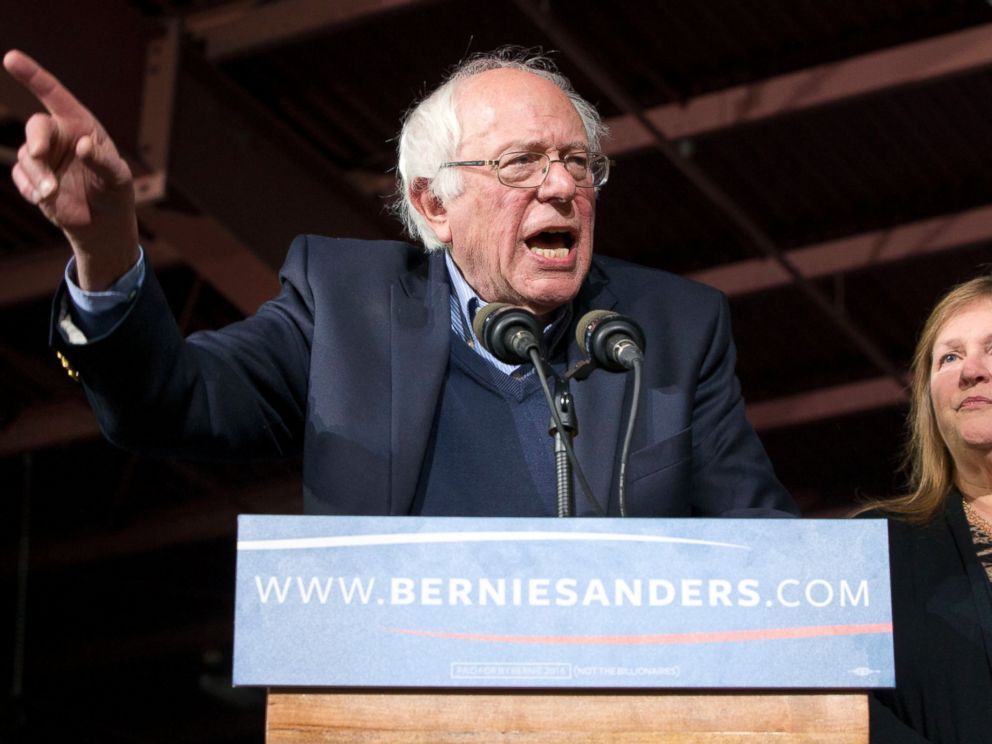 PHOTO: Democratic presidential candidate Sen. Bernie Sanders speaks during a primary night rally in Essex Junction, Vt., on March 1, 2016, on Super Tuesday.