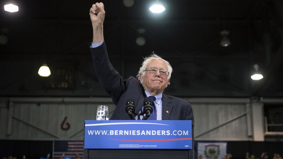 PHOTO: Democratic presidential candidate Sen. Bernie Sanders raises his fist to acknowledge the crowd before he speaks during an election night campaign event at the Big Sandy Superstore Arena on April 26, 2016, in Huntington, W.Va.