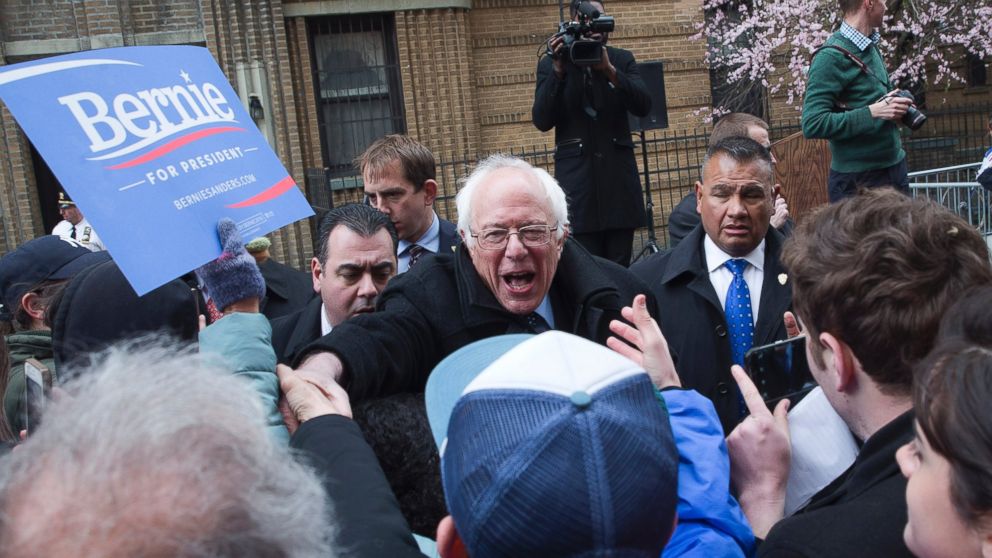 Presidential candidate, Sen. Bernie Sanders, greets supporters at a campaign rally outside his childhood home, April 8, 2016, in the Brooklyn borough of New York.