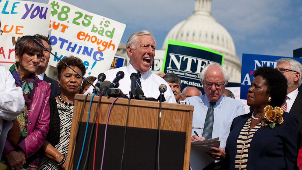 PHOTO: House Minority Whip Steny Hoyer of Md., center, speaks on Capitol Hill in Washington on Oct. 4, 2013, with furloughed federal employees blaming House Republicans on the government shutdown. 
