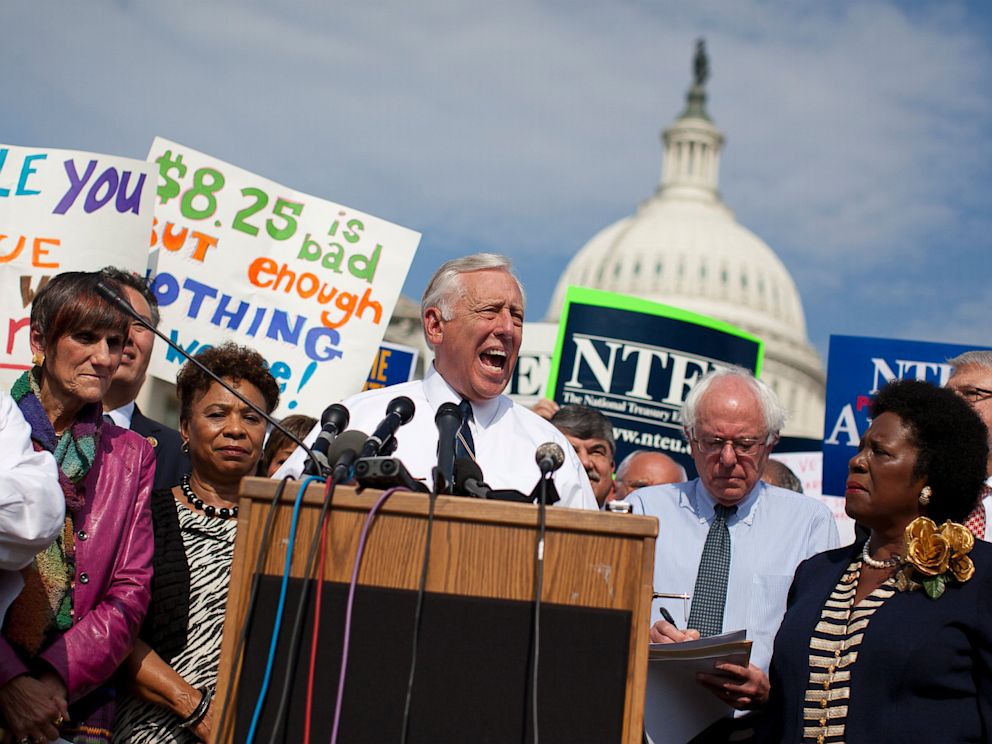 PHOTO: House Minority Whip Steny Hoyer of Md., center, speaks on Capitol Hill in Washington on Oct. 4, 2013, with furloughed federal employees blaming House Republicans on the government shutdown.