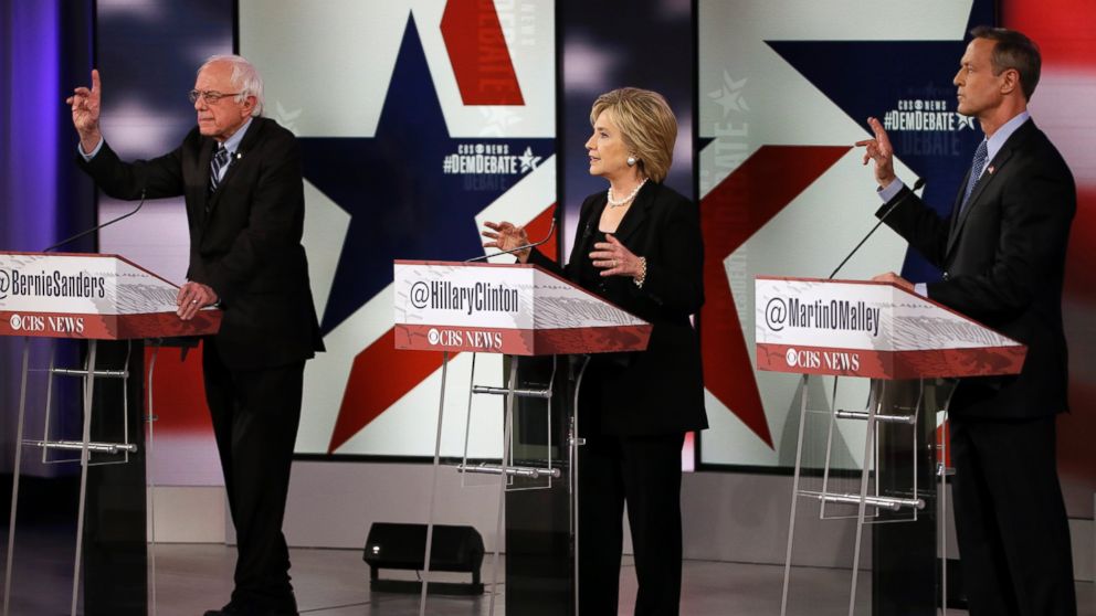 PHOTO: Democratic presidential candidates Bernie Sanders, left, Hillary Rodham Clinton and Martin O'Malley participate in a Democratic presidential primary debate, Nov. 14, 2015, in Des Moines, Iowa. 