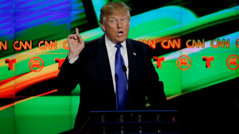 Republican presidential candidate Donald Trump speaks during a Republican presidential primary debate at The University of Houston on Feb. 25, 2016, in Houston.