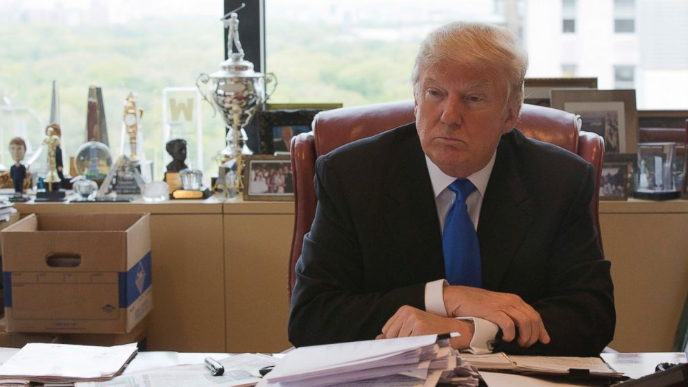Republican presidential candidate Donald Trump is photographed during an interview with The Associated Press in his office at Trump Tower in New York City on May 10, 2016.