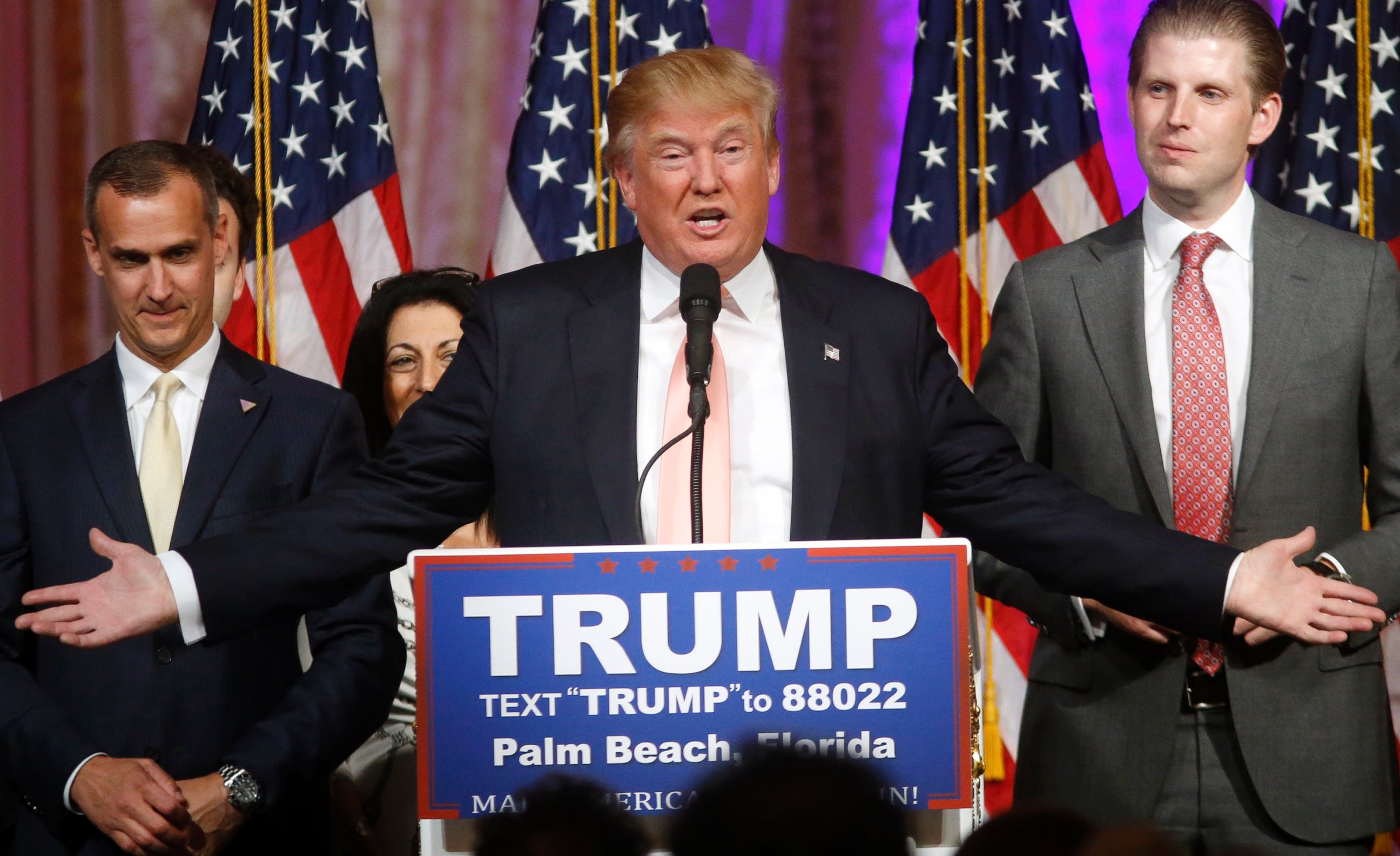 PHOTO: Republican presidential candidate Donald Trump speaks to supporters at his primary election night event at the Mar-a-Lago Club in Palm Beach, Fla., on March 15, 2016.