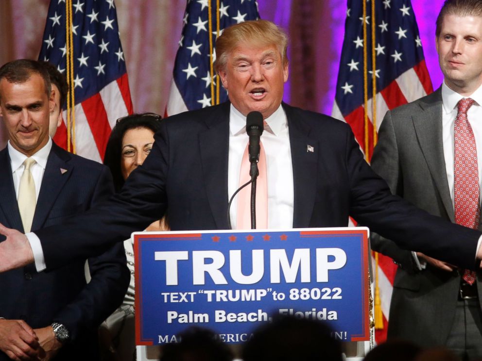 PHOTO: Republican presidential candidate Donald Trump speaks to supporters at his primary election night event at the Mar-a-Lago Club in Palm Beach, Fla., on March 15, 2016.
