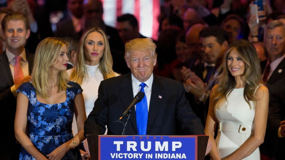 Republican presidential candidate Donald Trump smiles as he speaks during a primary night news conference in New York City on May 3, 2016.