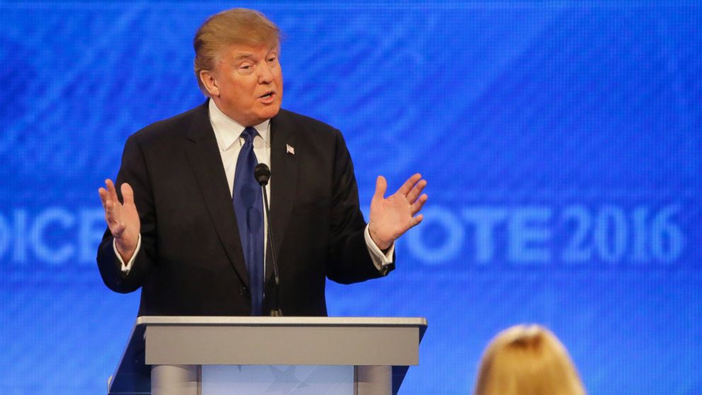 Republican presidential candidate Donald Trump answers a question during the Republican presidential primary debate hosted by ABC News at the St. Anselm College on Feb. 6, 2016, in Manchester, N.H.