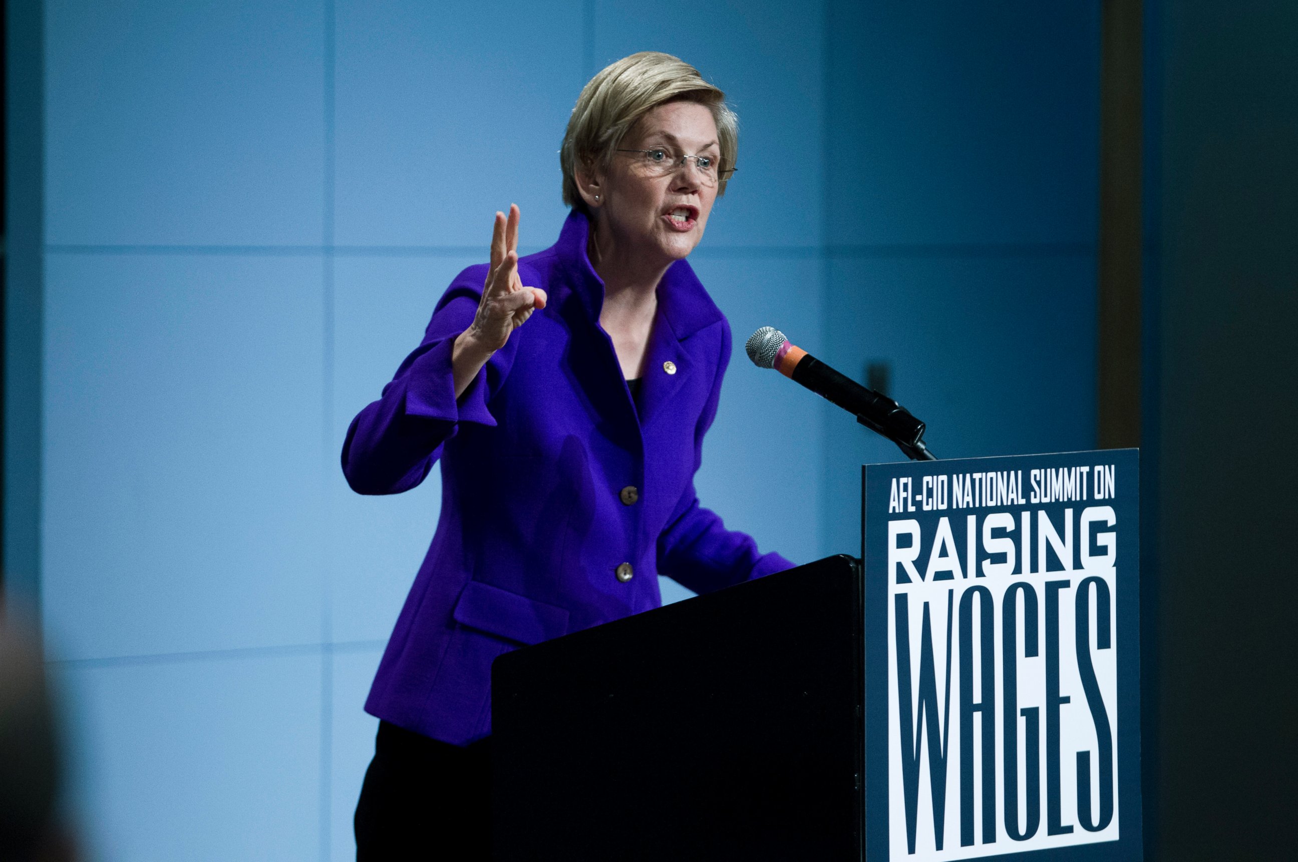 PHOTO: Sen. Elizabeth Warren, D-Mass. speaks about raising wages during the forum AFL-CIO National Summit, Wednesday, Jan. 7, 2015, at Gallaudet University in Washington.