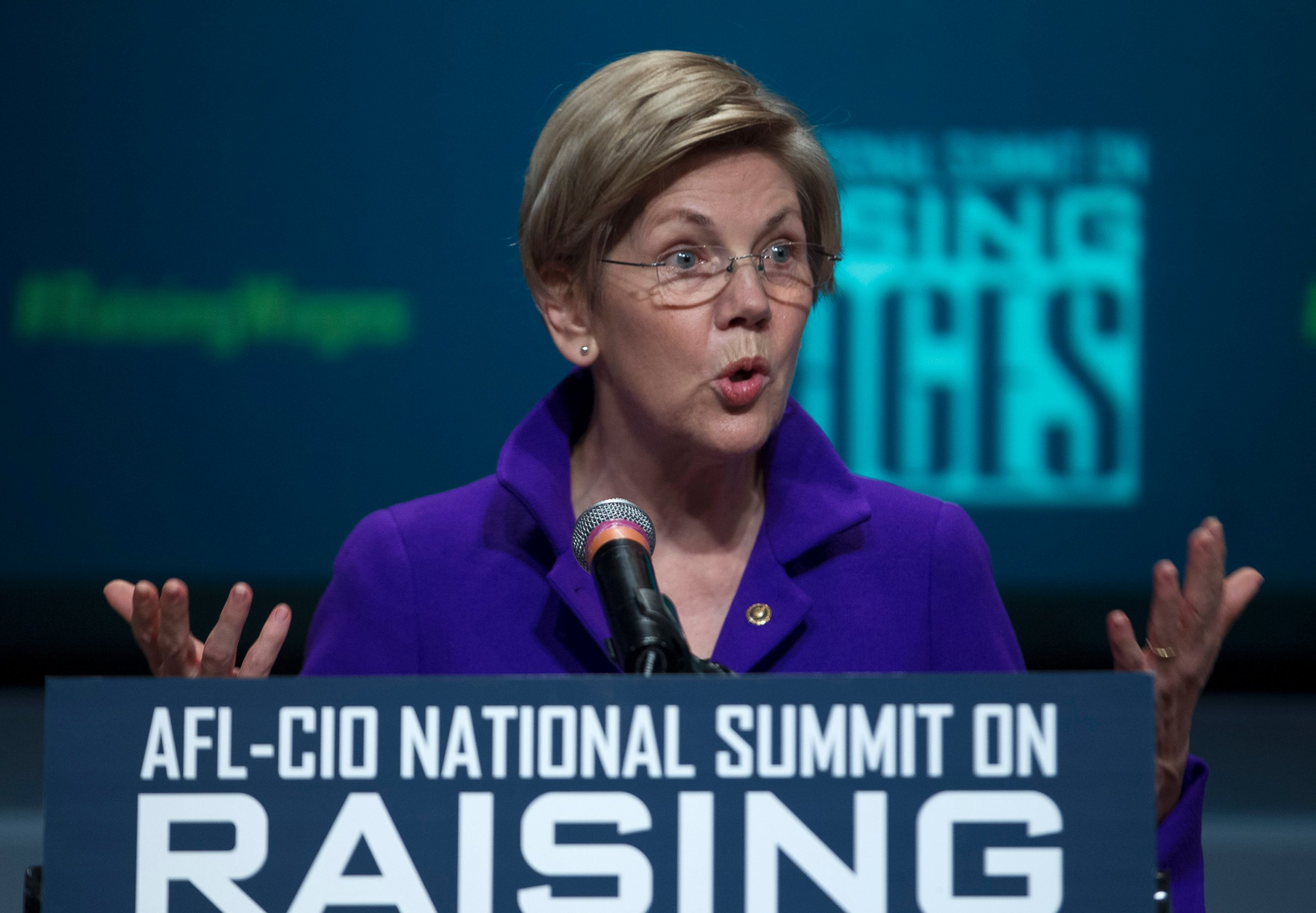 PHOTO: Sen. Elizabeth Warren, D-Mass. speaks about raising wages during the forum AFL-CIO National Summit, on Jan. 7, 2015, at Gallaudet University in Washington.