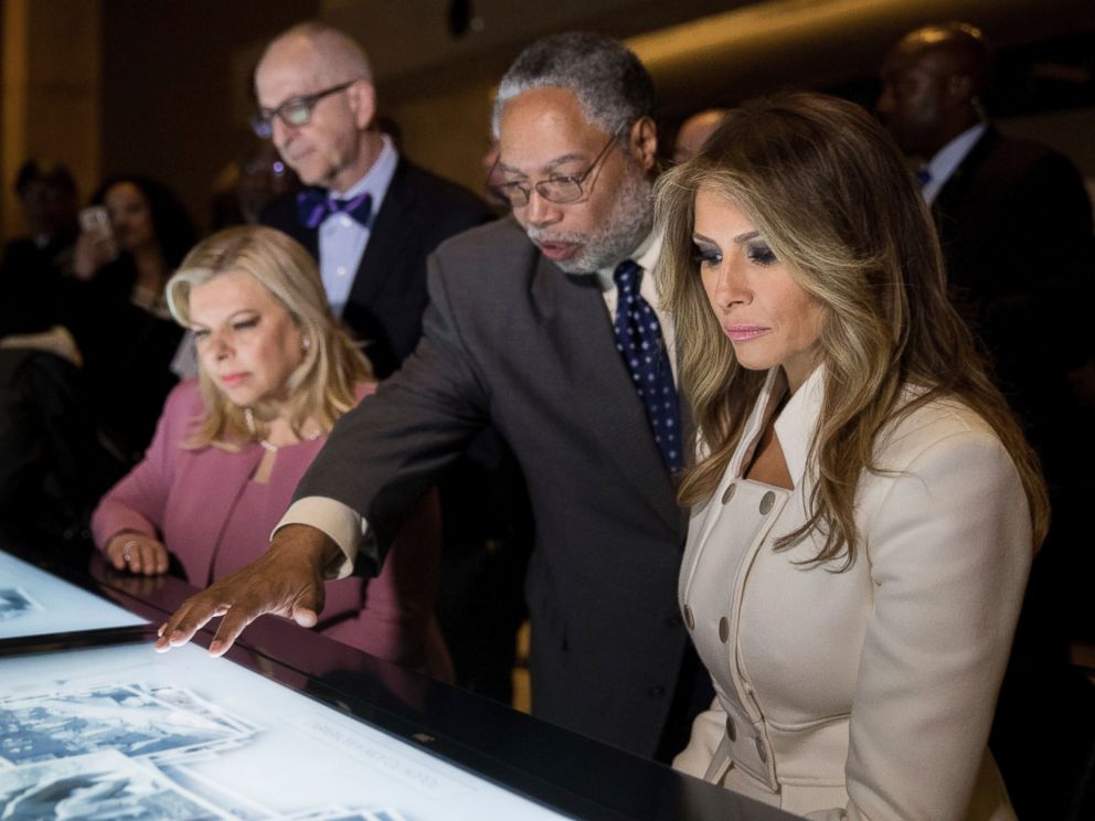 PHOTO: Melania Trump and Sara Netanyahu tour the Smithsonians National Museum of African American History and Culture in Washington, Wednesday, Feb. 15, 2017, with Director Lonnie Bunch, second from right, and Smithsonian Secretary David Skorton.