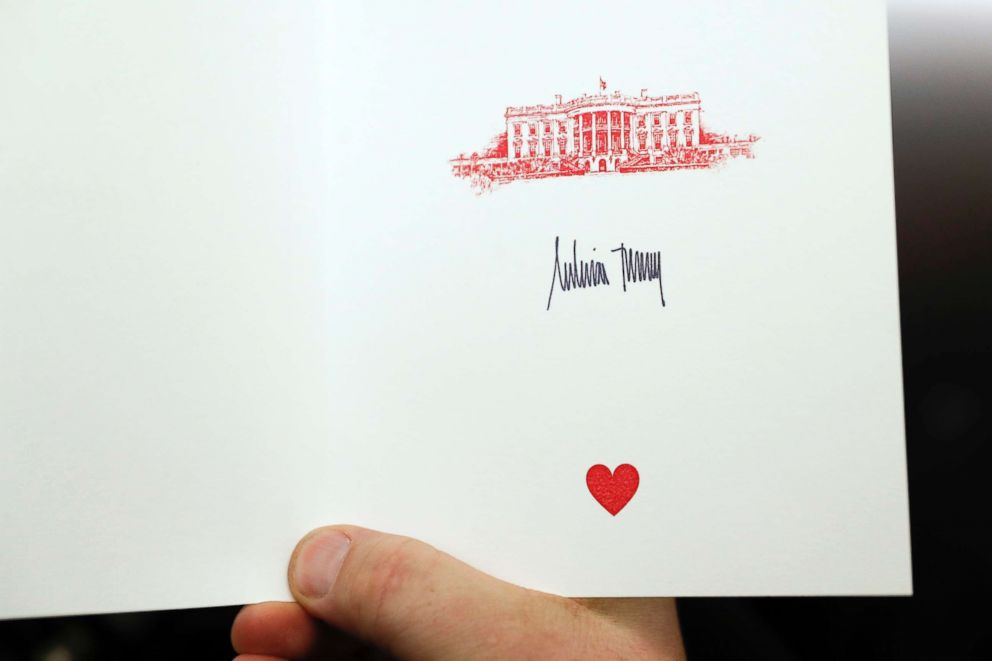 PHOTO: The signature of first lady Melania Trump is displayed on a card intended for children during her visit at Cincinnati Children's Hospital Medical Center, Monday, Feb. 5, 2018, in Cincinnati. 