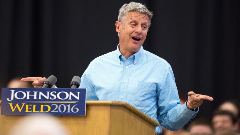 Libertarian presidential candidate Gary Johnson speaks during a campaign rally, Sept. 3, 2016, at Grand View University in Des Moines, Iowa.