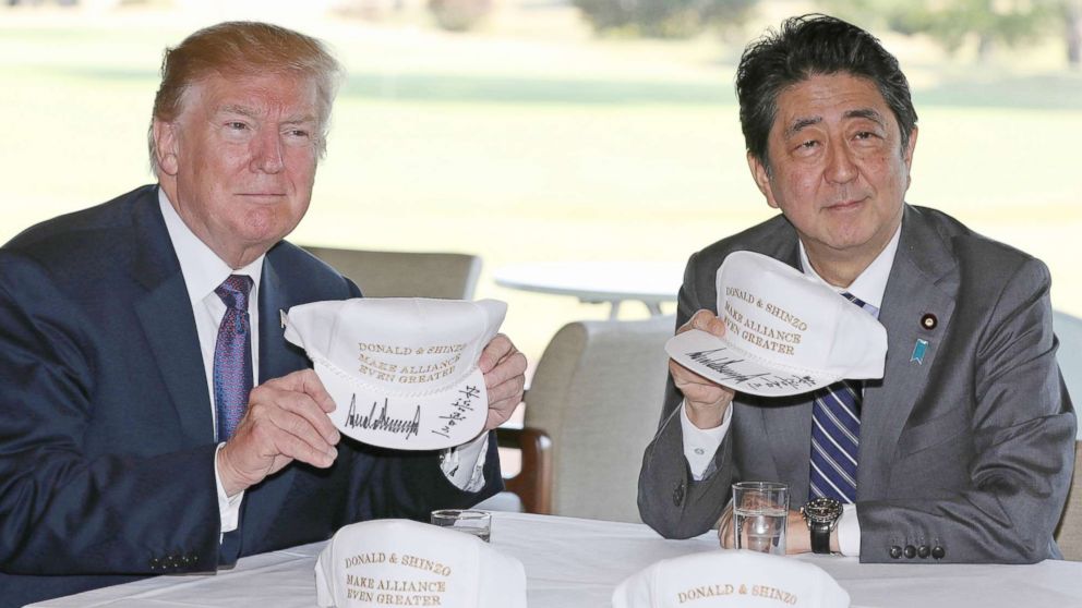 PHOTO: U.S. President Donald Trump (L) meets Japan's Prime Minister Shinzo Abe at Kasumigaseki Country Club to play golf in Saitama Prefecture on Nov. 5, 2017. Trump came to Japan for the first time as a President, and will stay in Japan until Nov. 7th.
