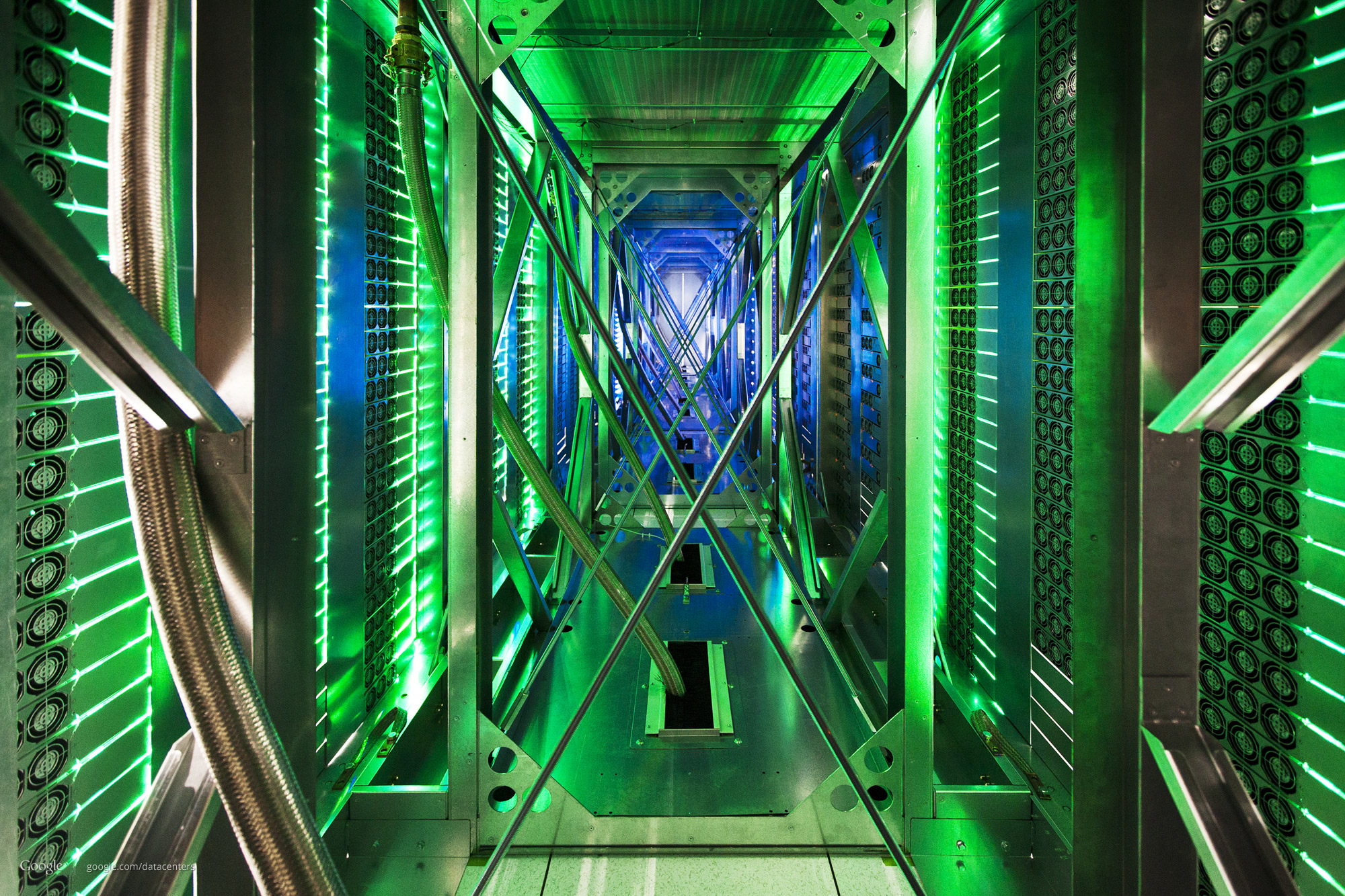 PHOTO:  In this undated file photo made available by Google, hundreds of fans funnel hot air from the computer servers into a cooling unit to be recirculated at a Google data center in Mayes County, Okla. 