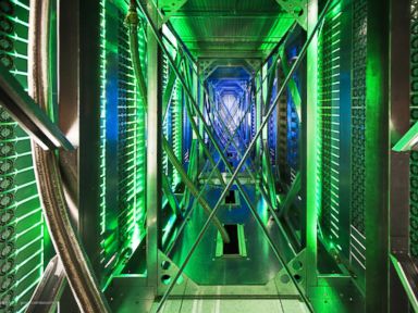 PHOTO: In this undated file photo made available by Google, hundreds of fans funnel hot air from the computer servers into a cooling unit to be recirculated at a Google data center in Mayes County, Okla.