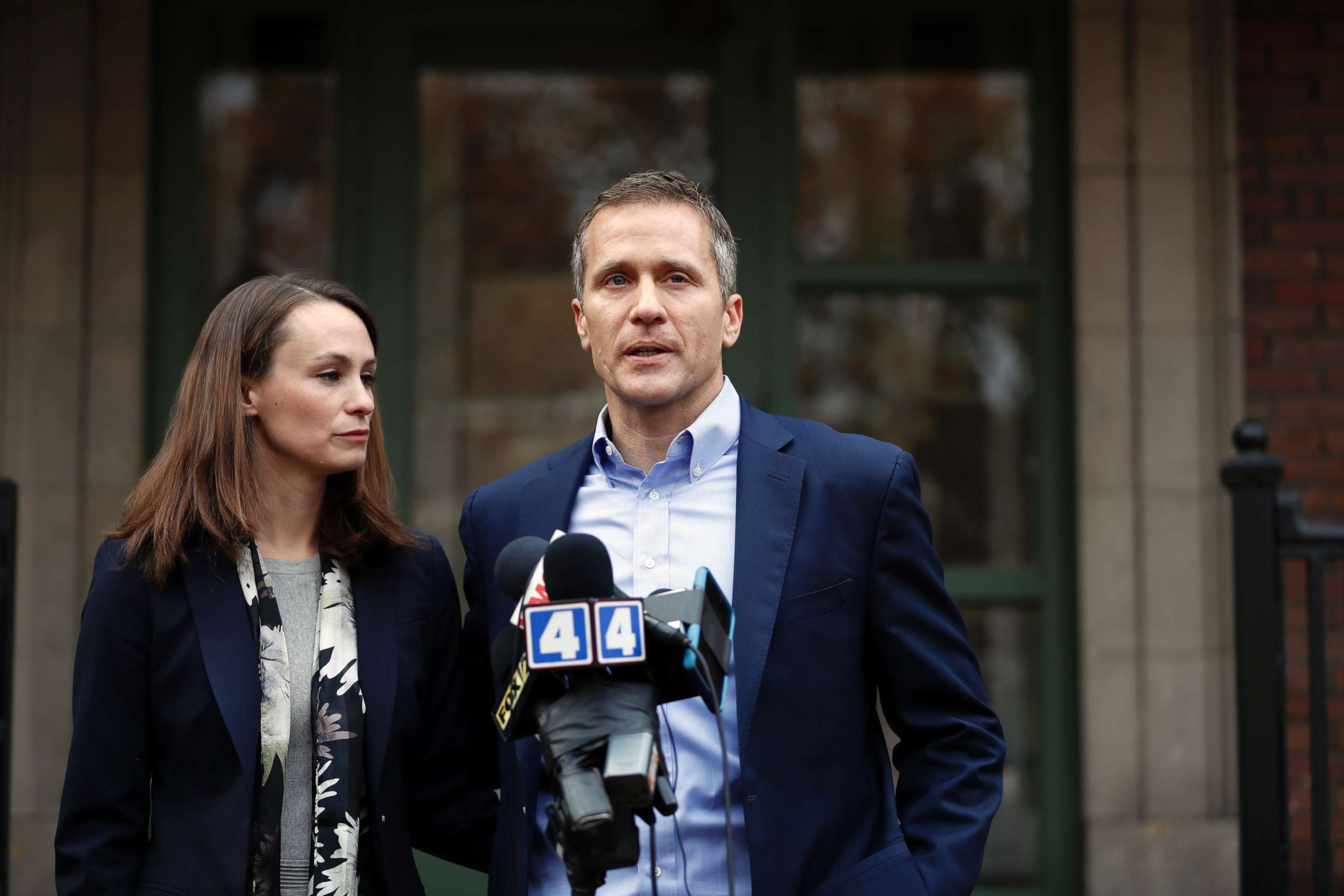 PHOTO: Then-Missouri Gov.-elect Eric Greitens and wife Sheena speak to the media Tues., Dec. 6, 2016, in St. Louis. Sheena Greitens was robbed at gunpoint while sitting in her car not far from from the family's St. Louis home. 