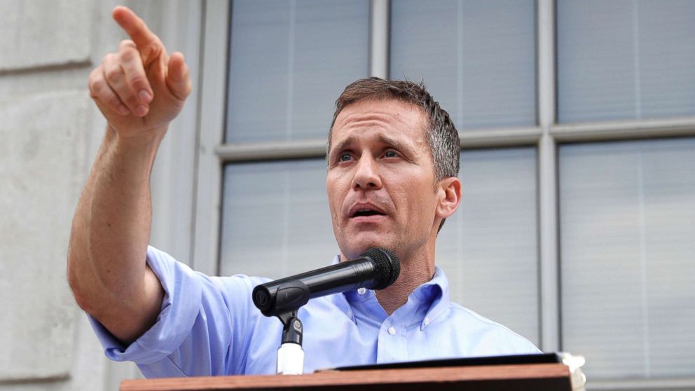PHOTO: Missouri Gov. Eric Greitens speaks to supporters during a rally Tuesday, May 23, 2017, outside the state Capitol in Jefferson City, Mo.