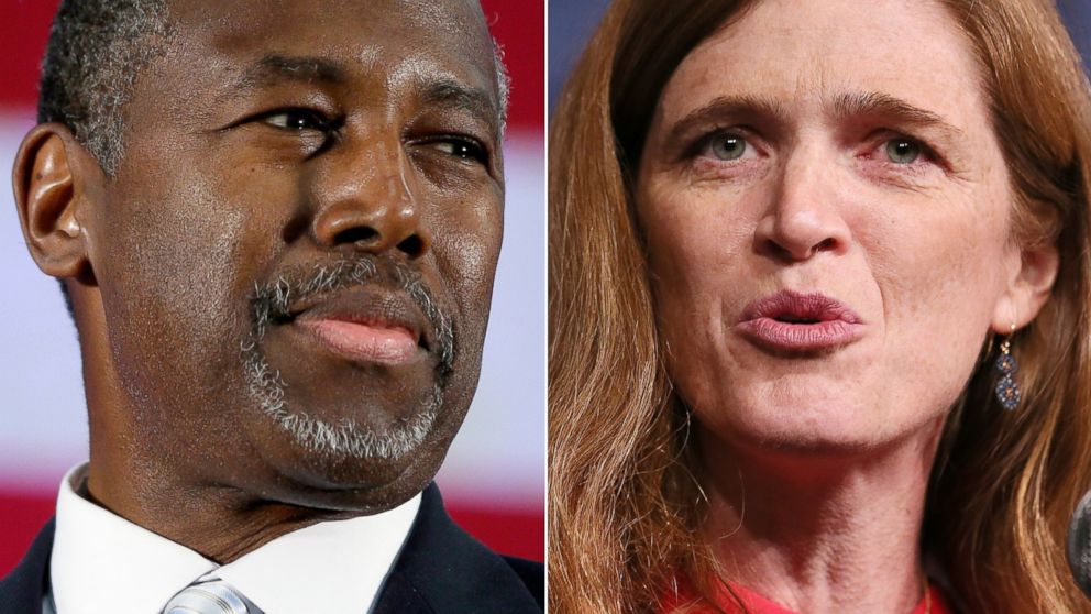 Ben Carson addresses supporters in Michigan on Sept. 23, 2015 and Samantha Power speaks at Madison Square Garden in New York on May 17, 2015.