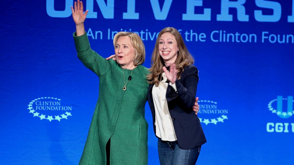 Former Secretary of State Hillary Rodham Clinton, left, and Chelsea Clinton wave at a university conference sponsored by their Clinton Global Initiative at the University of Miami, Saturday, March 7, 2015, in Coral Gables, Fla.