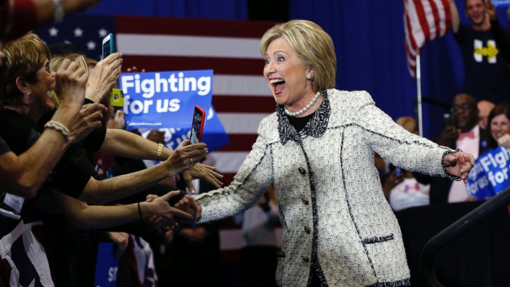 Democratic presidential candidate Hillary Clinton greets supporters as she arrives to speak to supporters at her election night watch party for the South Carolina Democratic primary in Columbia, S.C., on Feb. 27, 2016.