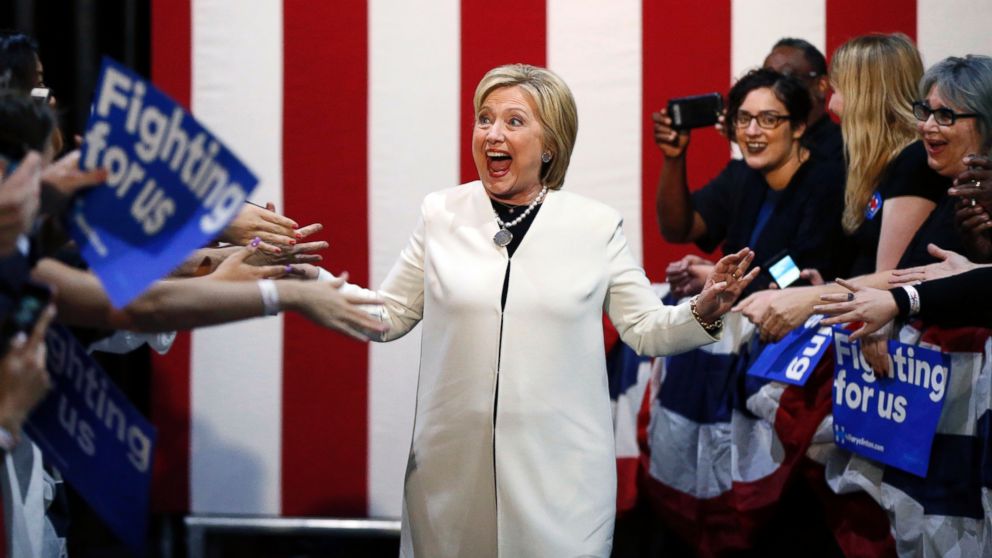 PHOTO: Democratic presidential candidate Hillary Clinton reacts to supporters as she arrives to speak at her Super Tuesday election night rally in Miami on March 1, 2016.