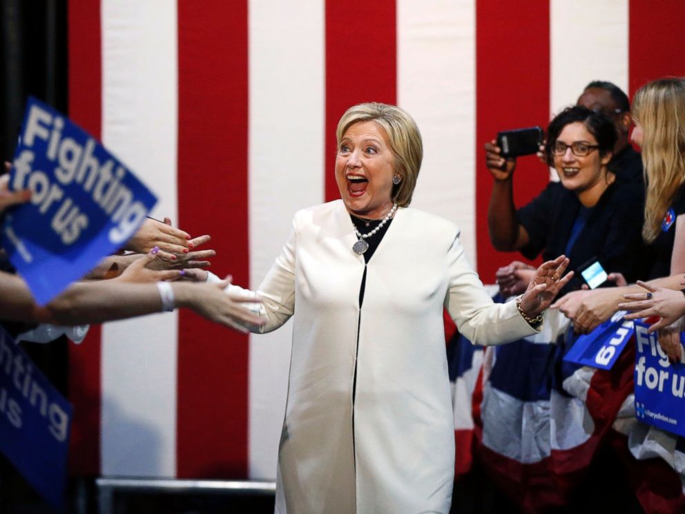 PHOTO: Democratic presidential candidate Hillary Clinton reacts to supporters as she arrives to speak at her Super Tuesday election night rally in Miami on March 1, 2016.