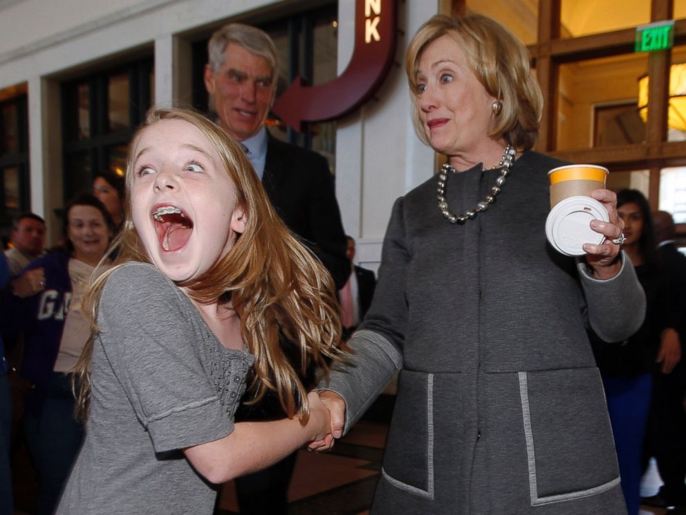 PHOTO: Ten-year-old Macy Friday reacts after meeting Hillary Clinton during a campaign stop for Sen. Mark Udall at the Union Station in Denver, Oct. 13, 2014.