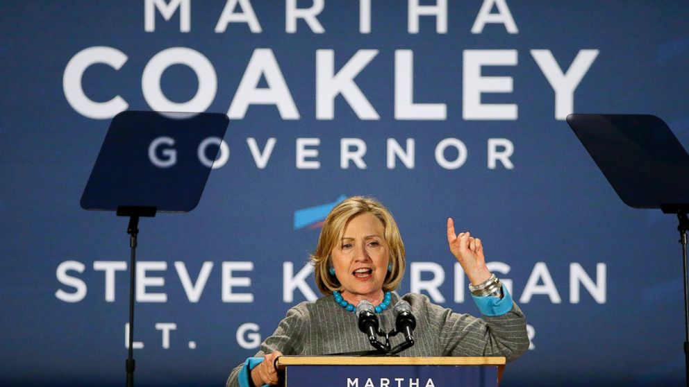 Former Secretary of State Hillary Rodham Clinton speaks to supporters of Massachusetts Democratic gubernatorial candidate Martha Coakley during a Coakley campaign event at the Park Plaza Hotel in Boston, Oct. 24, 2014.