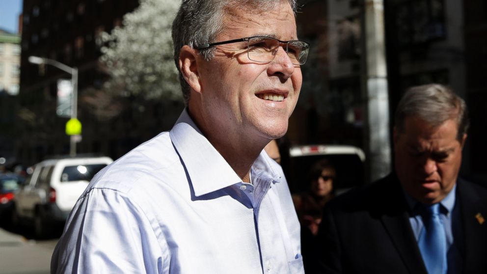 Former Florida Gov. Jeb Bush speaks to reporters as he leaves an event in New York, April 23, 2015.