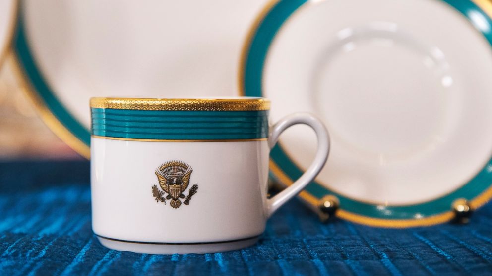 The White House previewed its new "Kailua Blue" china ahead of Tuesday's State Dinner with Japanese Prime Minister Shinzo Abe, April 27, 2015, in the State Dining Room of the White House in Washington.