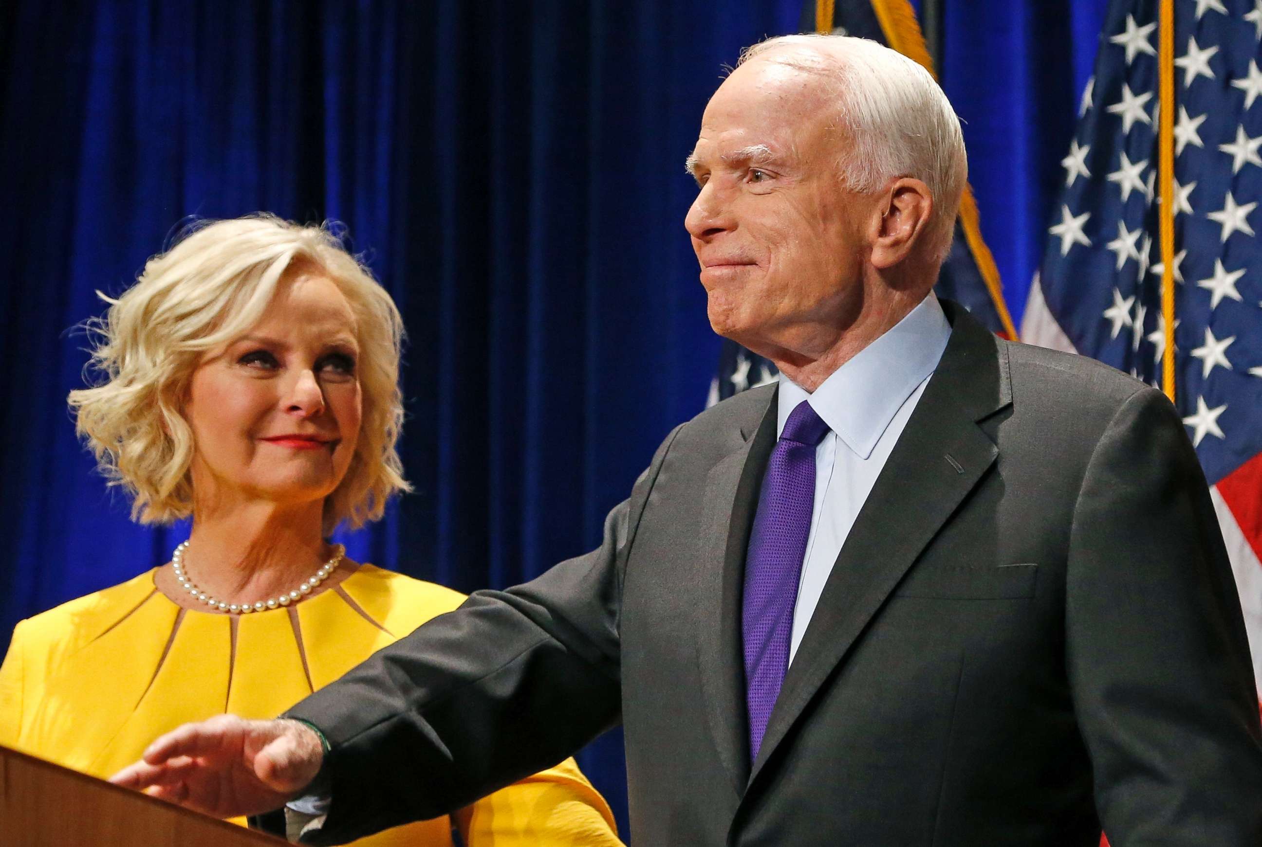 PHOTO: FILE - In this Nov. 8, 2016 file photo, Sen. John McCain, R-Ariz., accompanied by his wife Cindy McCain, pauses after speaking in Phoenix.