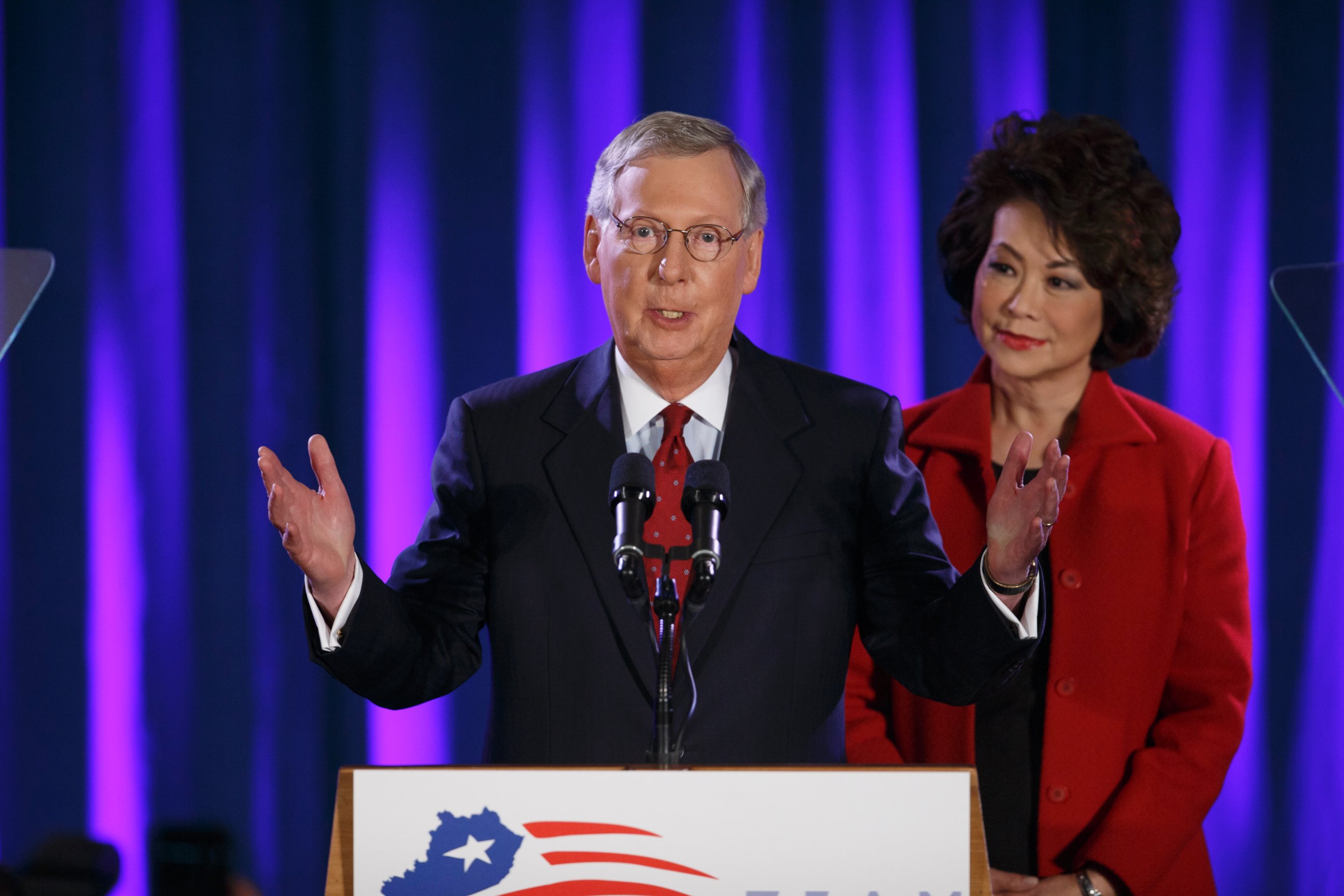 PHOTO: Senate Minority Leader Mitch McConnell of Ky., joined by his wife, former Labor Secretary Elaine Chao, celebrates with his supporters at an election night party in Louisville, Ky., Nov. 4, 2014.