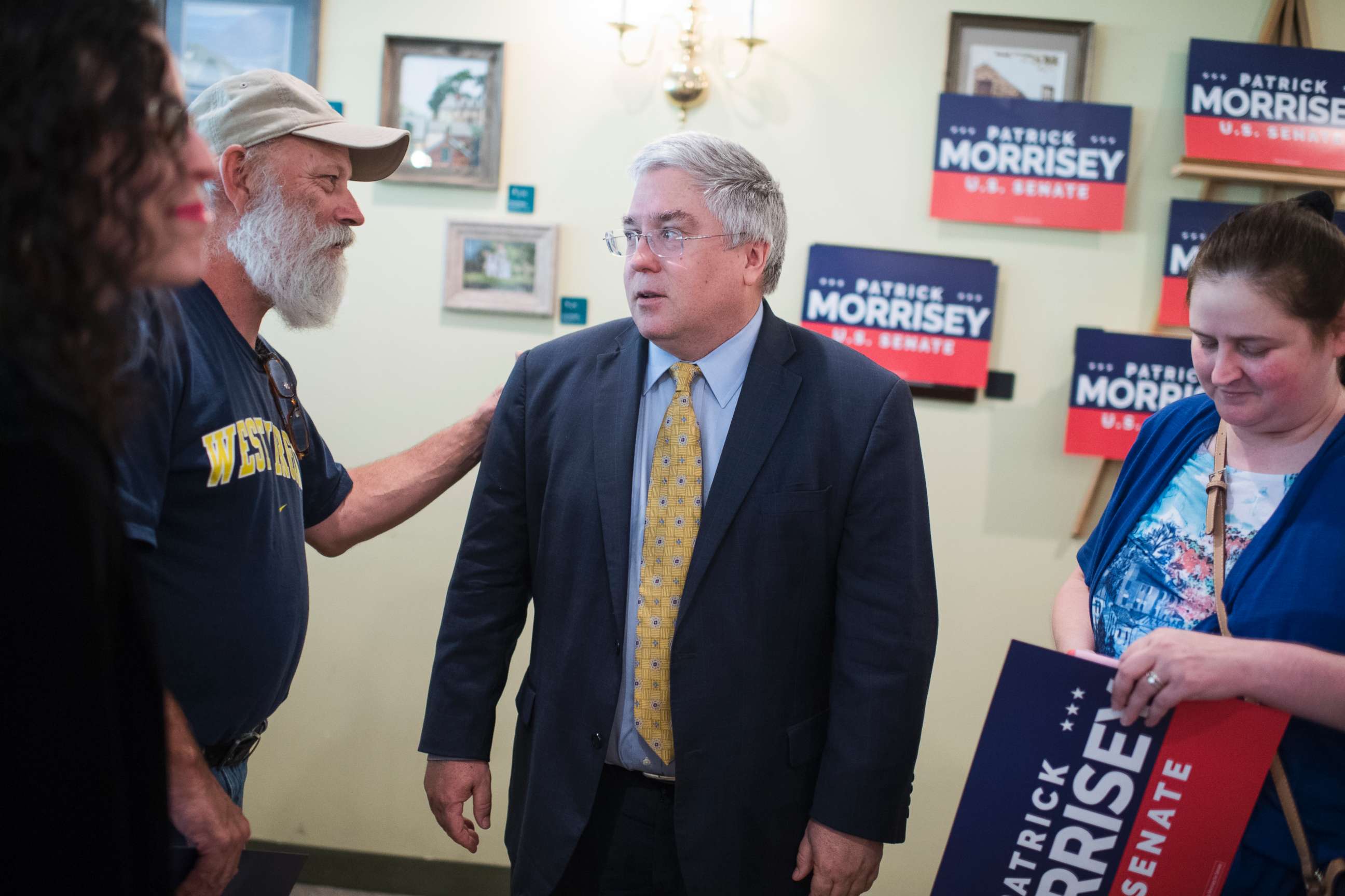 PHOTO: West Virginia Attorney General Patrick Morrisey talks with guests during an event in Harpers Ferry, W.Va., on July 10, 2017, where he announced he will run for the Senate in 2018.