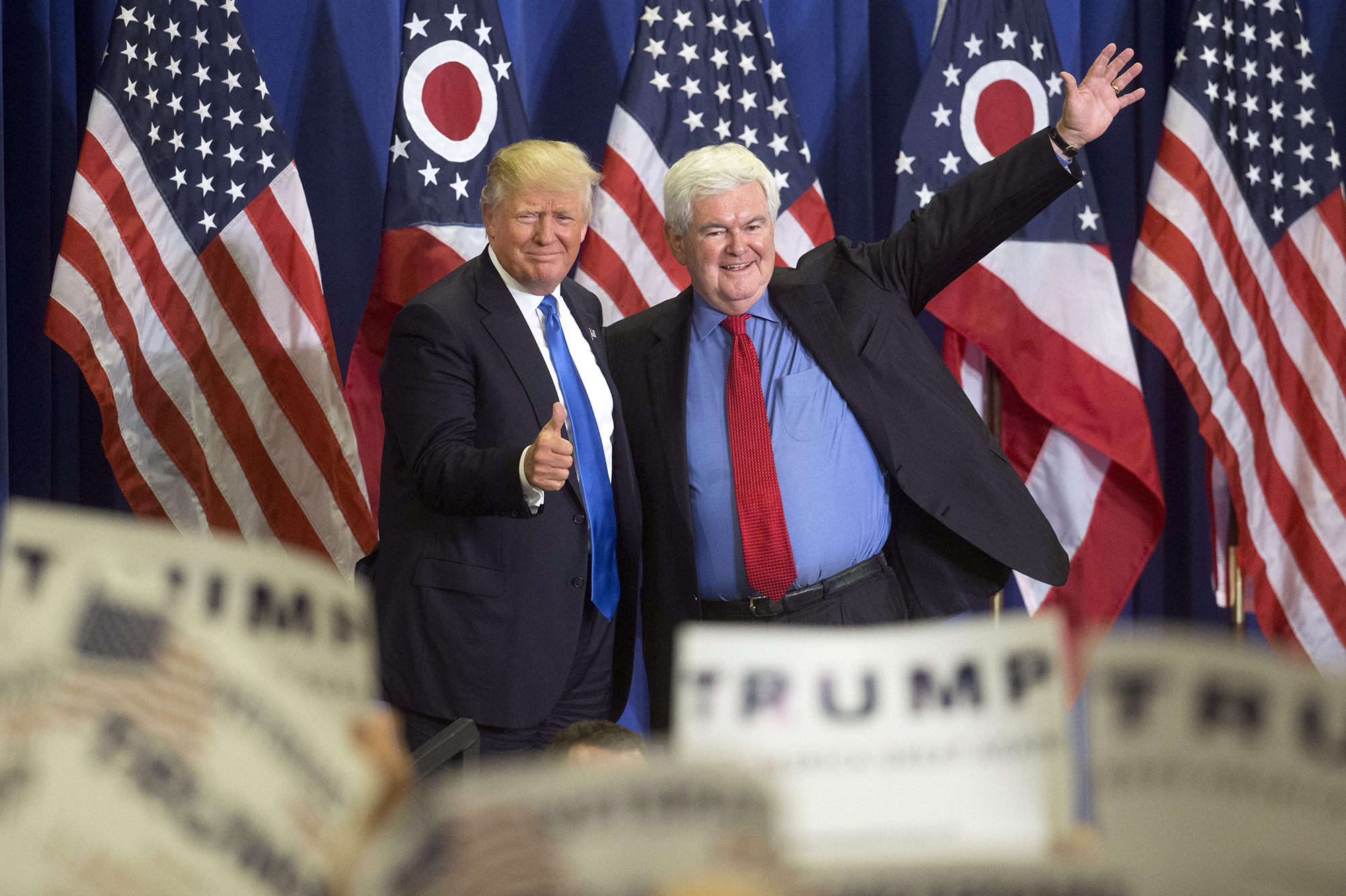 PHOTO: Republican presidential candidate Donald Trump and former House Speaker Newt Gingrich appear together at a campaign rally on July 6, 2016, in Cincinnati, Ohio.