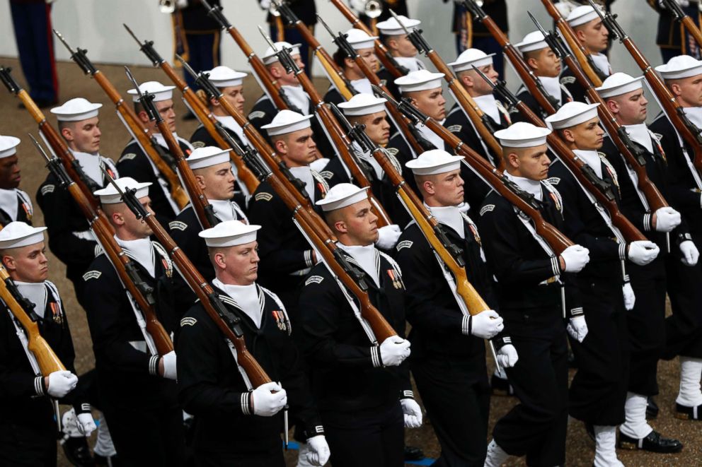 PHOTO: Military units march during the 58th Presidential Inauguration parade for President Donald Trump in Washington. Friday, Jan. 20, 2017.