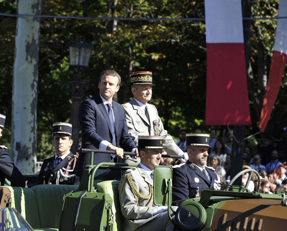 PHOTO: President Emmanuel Macron goes down Avenue Champs Elysee alongside General Pierre de Villiers. Bastille day in Paris, France on July 14, 2017.