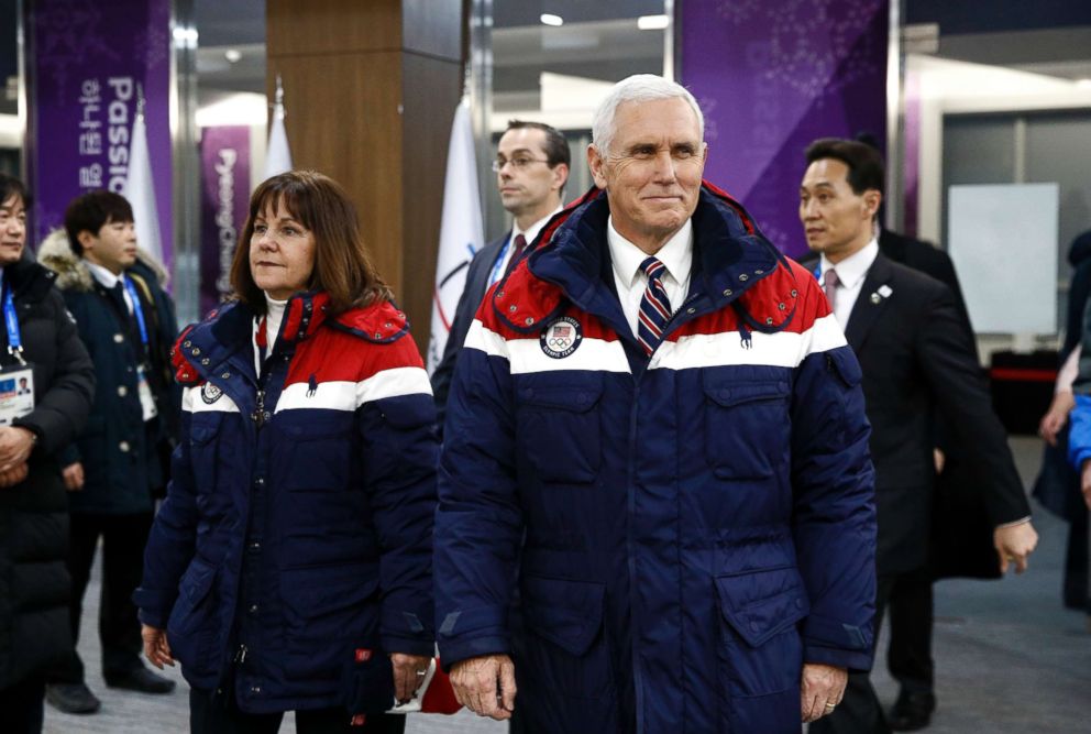 PHOTO: Vice President Mike Pence, right, walks to his seat alongside second lady Karen Pence at the opening ceremony of the 2018 Winter Olympics in Pyeongchang, South Korea, Friday, Feb. 9, 2018.