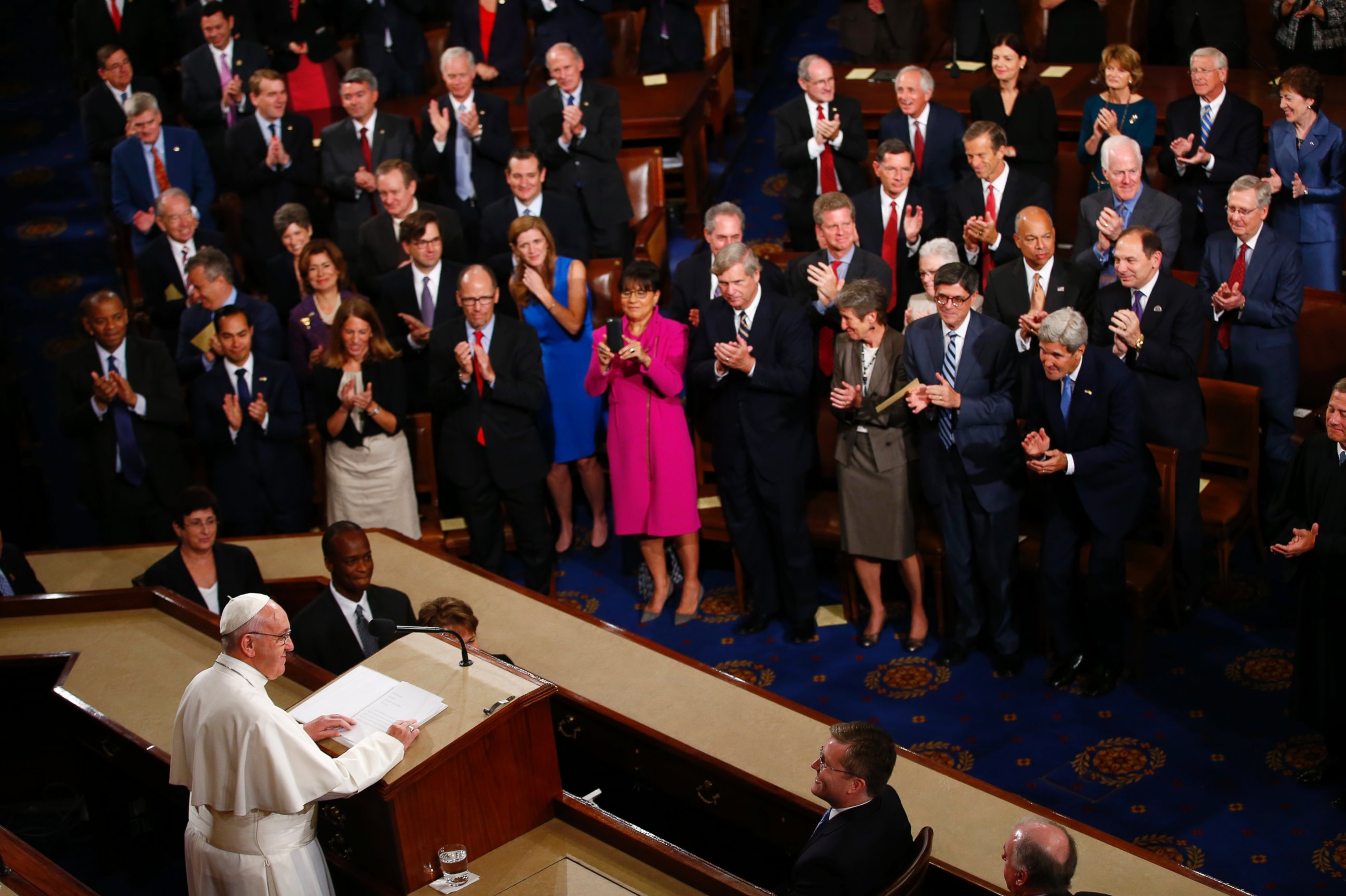 PHOTO: Pope Francis listens to applause as he addresses a joint meeting of Congress on Capitol Hill in Washington, Sept. 24, 2015.