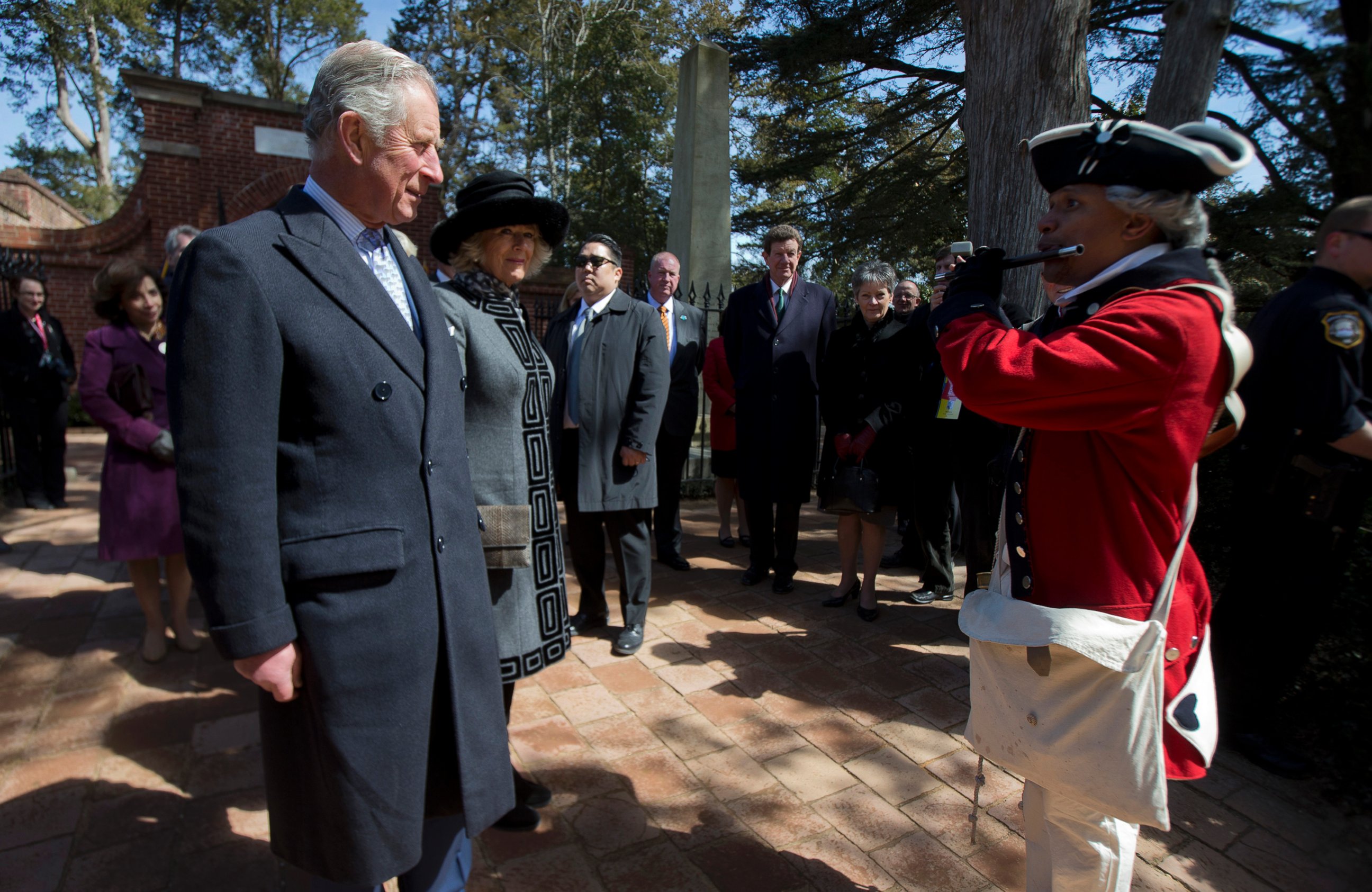 PHOTO: Prince Charles and his wife Camilla, the Duchess of Cornwall, listen to Dan Francisco play "God Save the Queen" during a visit to Mount Vernon, the plantation home of George Washington, March 18, 2015, in Mount Vernon, Va.