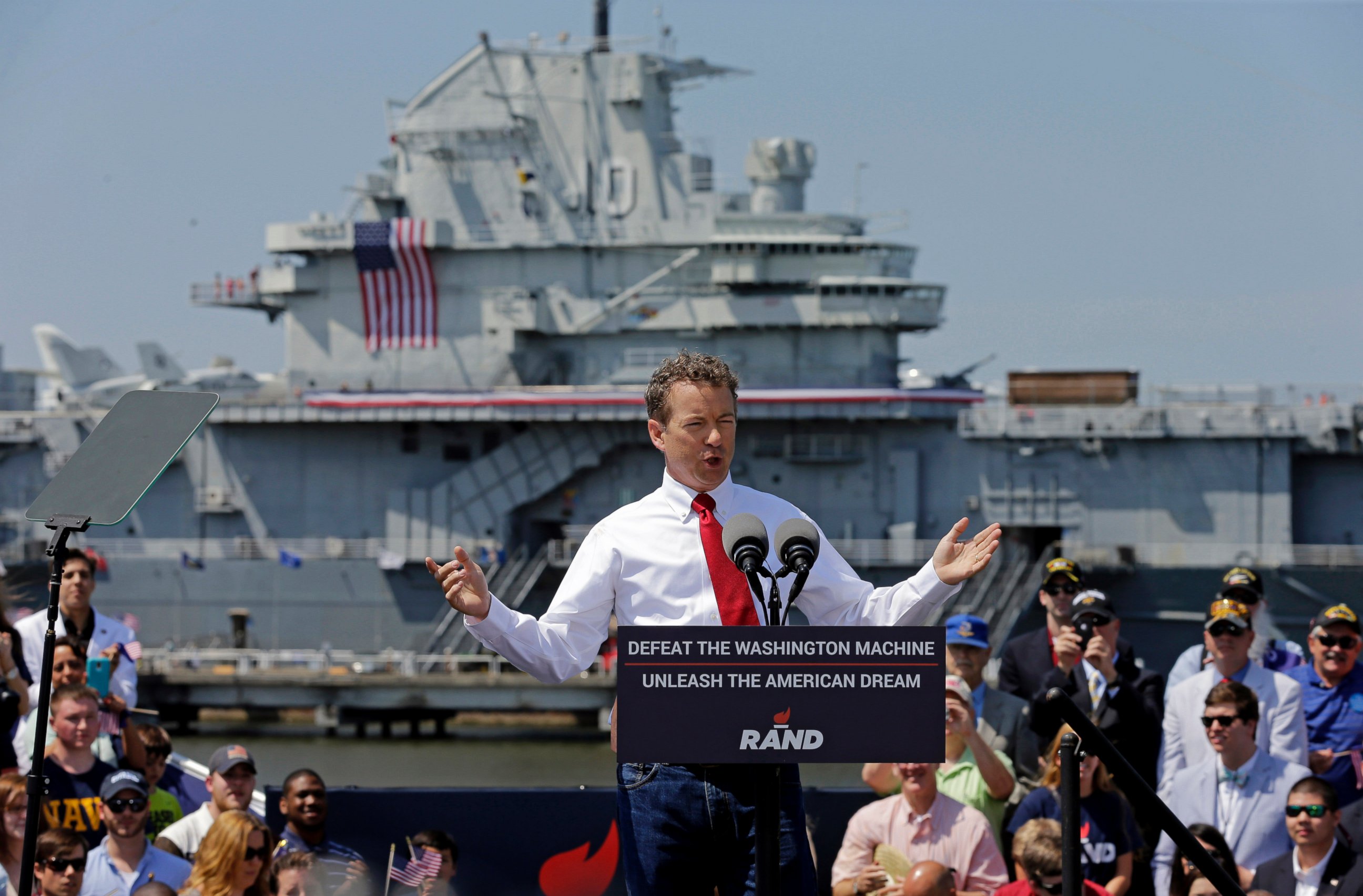 PHOTO: Republican Presidential candidate, Sen. Rand Paul, R-Ky., speaks at a rally at the USS Yorktown in Mount Pleasant, S.C., April 9, 2015. 
