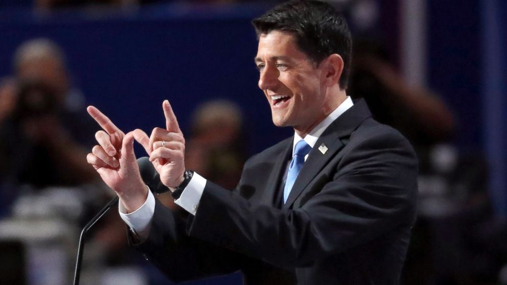 Speaker Paul Ryan addresses the delegates during the second day of the Republican National Convention in Cleveland, July 19, 2016.