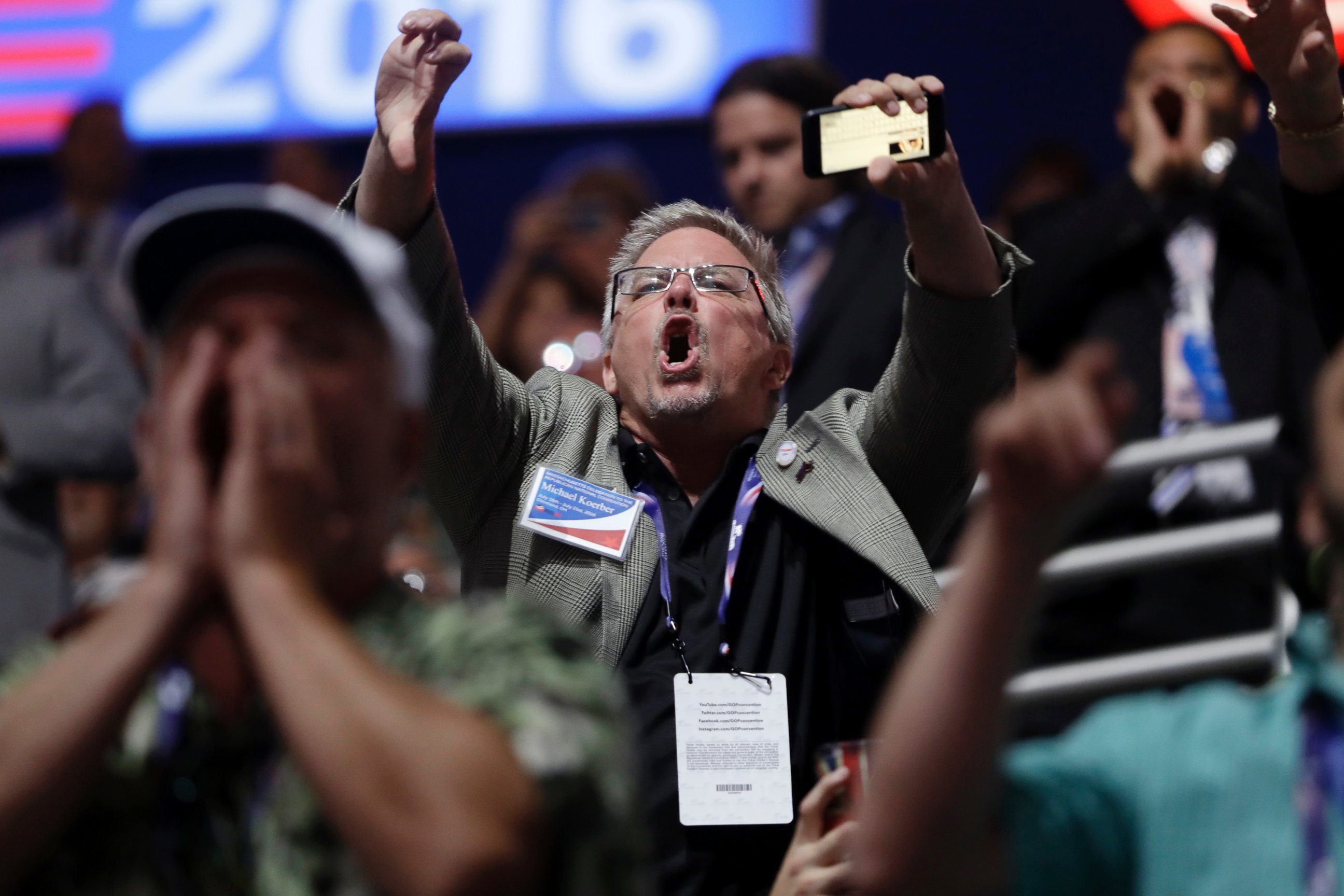 PHOTO: People react to Sen. Ted Cruz during his address on the third day session of the Republican National Convention in Cleveland, July 20, 2016. 