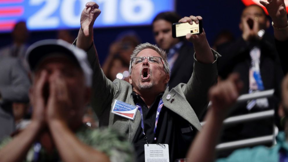 PHOTO: People react to Sen. Ted Cruz during his address on the third day session of the Republican National Convention in Cleveland, July 20, 2016.
