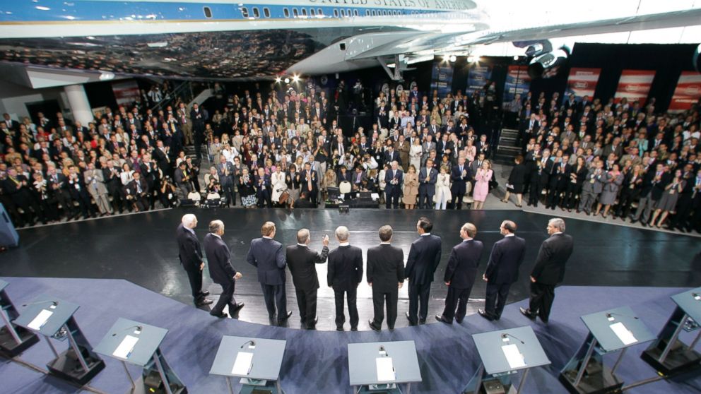 Republican presidential hopefuls line up on stage before the first republican presidential primary debate of the 2008 election at the Ronald Reagan Library, May 3, 2007, in Simi Valley, Calif.