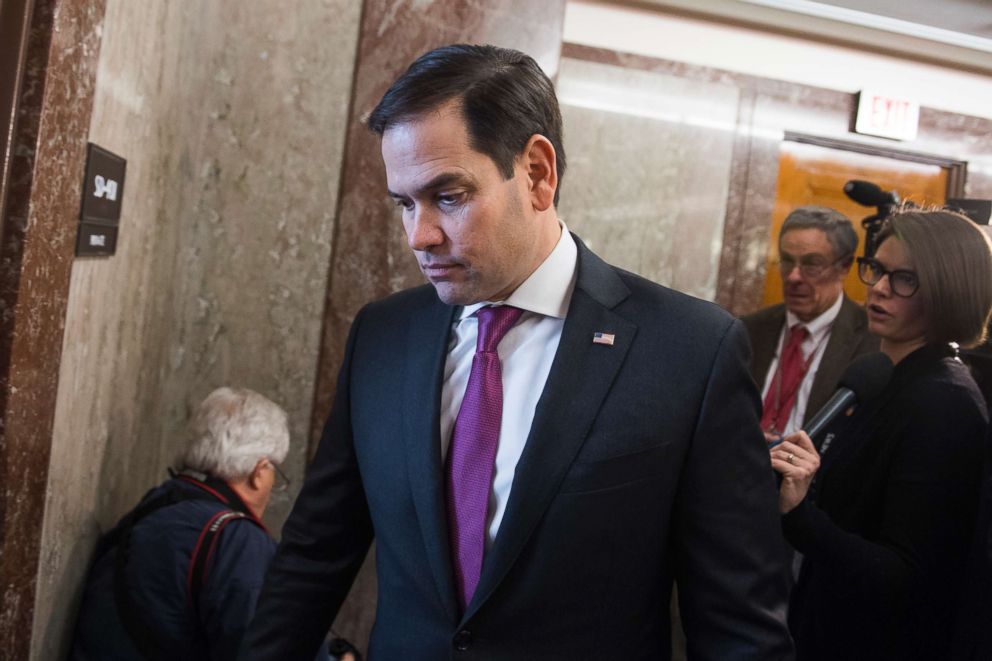 PHOTO: Sen. Marco Rubio arrives for a bipartisan meeting on immigration in the Dirksen Building office of Sen. Susan Collins, Jan. 25, 2018.