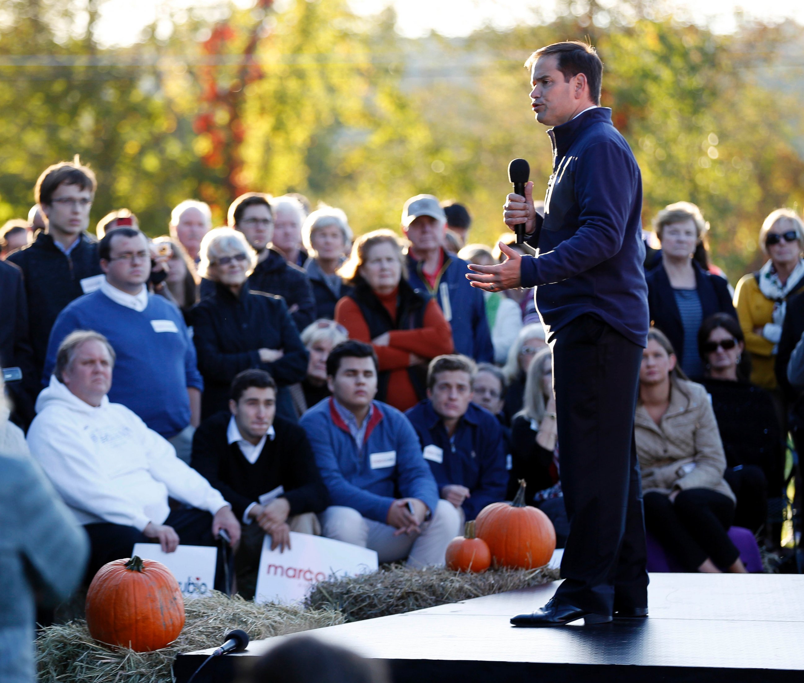 PHOTO: Republican presidential candidate Sen. Marco Rubio, R-Fla.,speaks during a house party campaign stop Oct. 6, 2015, in Bedford, N.H. 